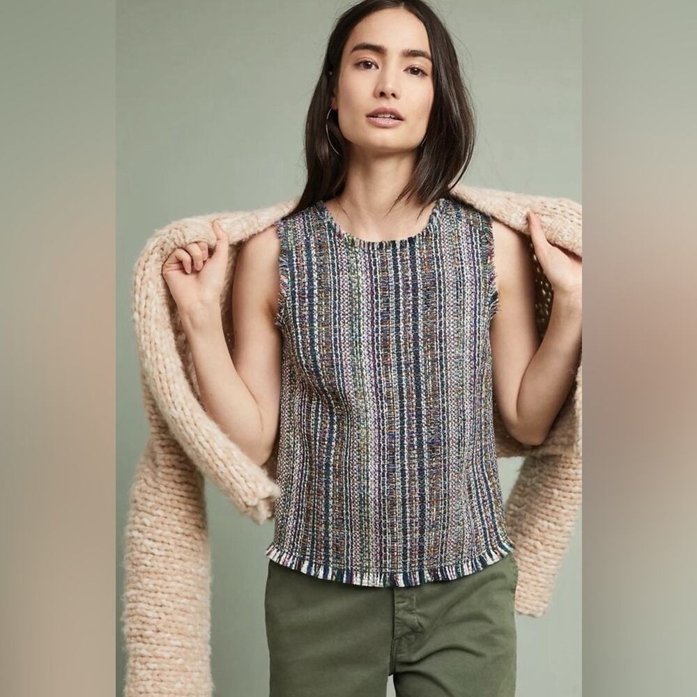 Anthropologie Maeve Sleeveless Tweed Fringe Hem Shell Blouse Top